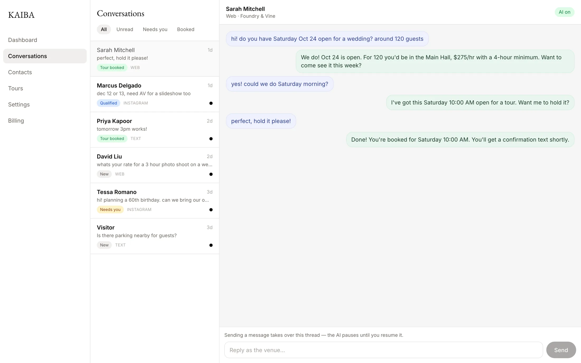 The KAIBA conversations inbox: tagged, qualified leads on the left, an open thread on the right where the AI books a Saturday tour, and a reply box that pauses the AI when the owner takes over
