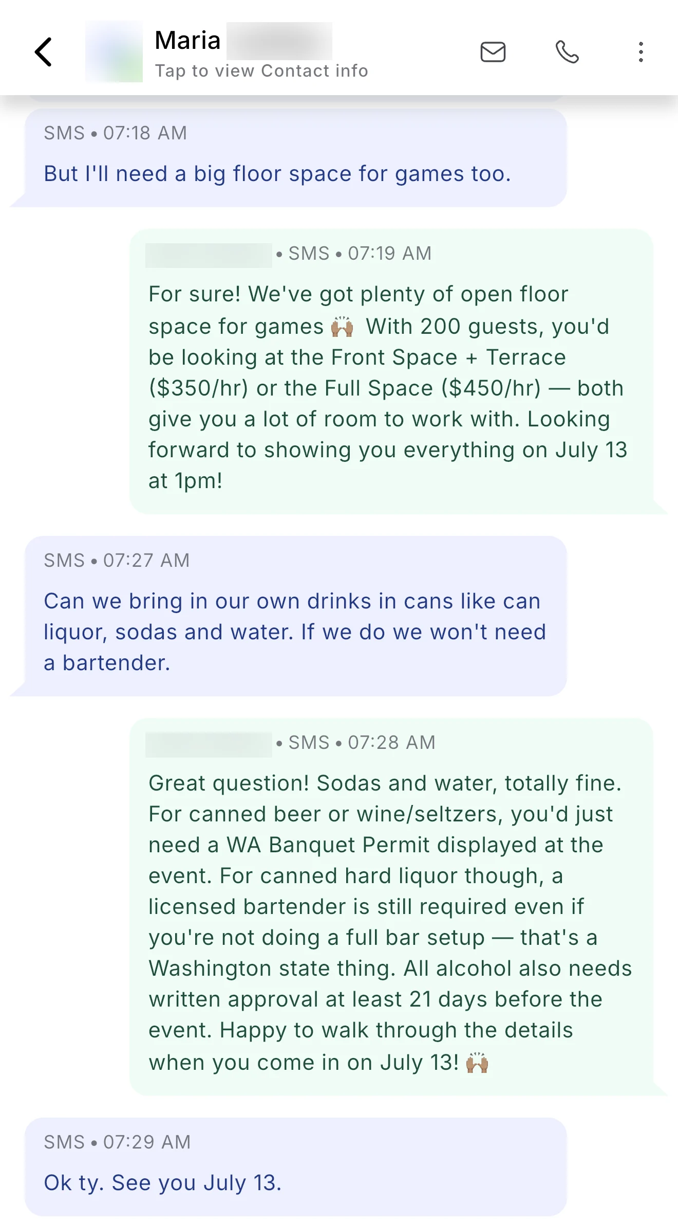 Screenshot of the actual CRM thread: a client asks whether she can bring canned liquor without a bartender; the agent correctly explains that Washington state requires a licensed bartender for hard liquor, that beer and wine need a WA Banquet Permit, and that all alcohol needs written approval 21 days out