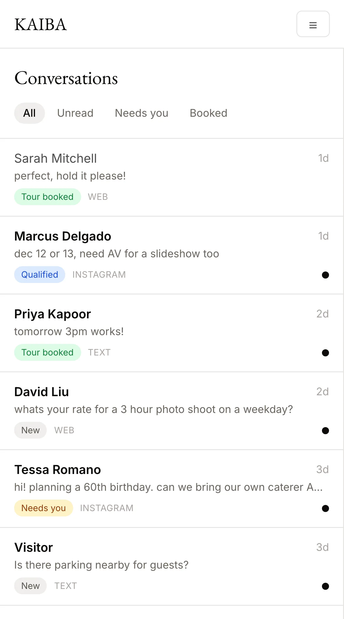 The KAIBA owner dashboard on a phone: the conversations inbox with tagged, qualified leads — the same app, pocket-sized