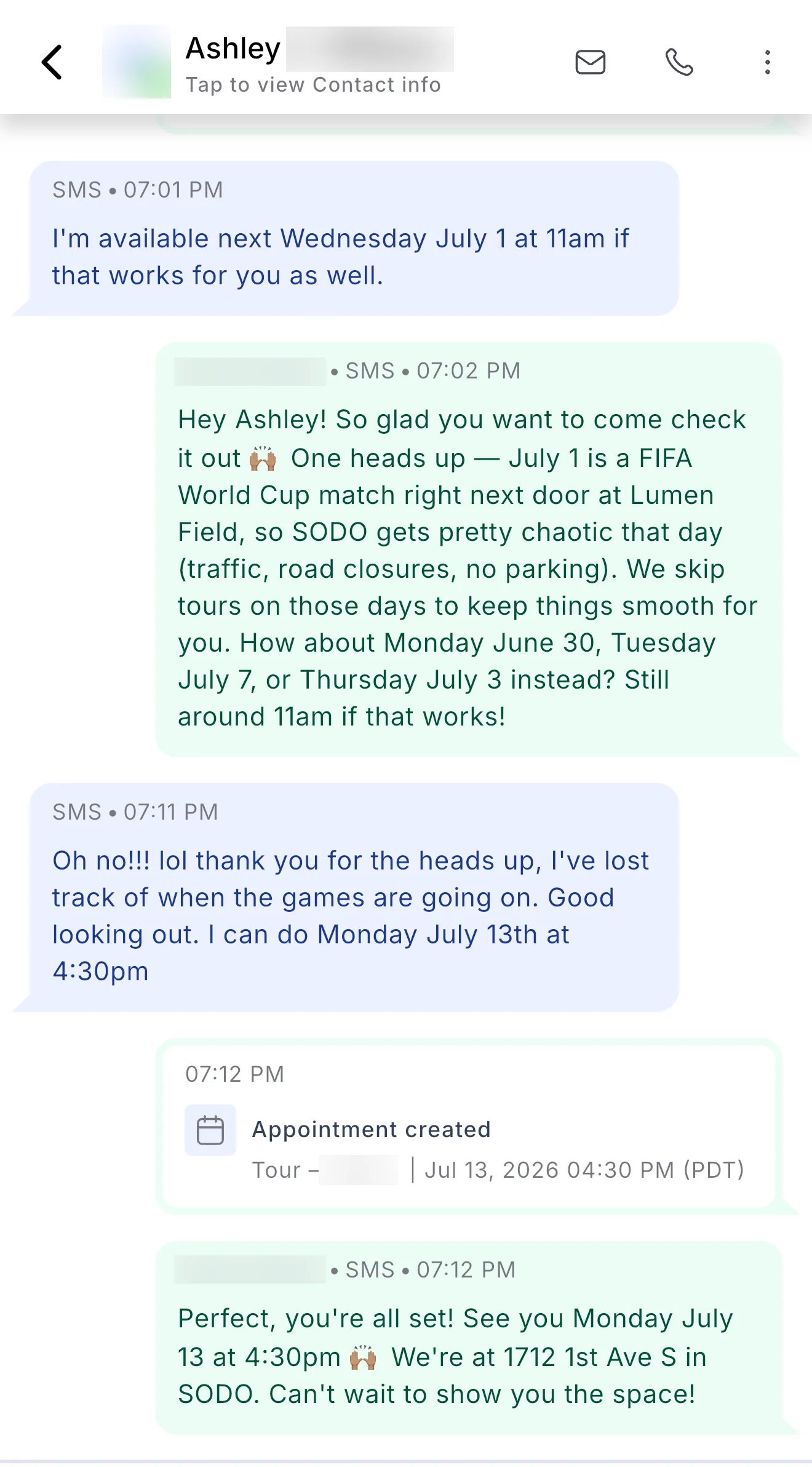 Screenshot of the actual CRM thread: the client proposes touring July 1, Jade warns that a FIFA World Cup match at Lumen Field will make the neighborhood chaotic and offers other dates, the client thanks her ('Good looking out') and picks July 13, and the CRM's own 'Appointment created' chip confirms the tour booking